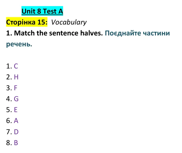 Відповідь до вправи 1 (лексика) тесту Unit 8 Test A, сторінка 15 - ГДЗ Англійська мова 9 клас Тіліуїн 2026 тести. Prepare 9 Test Book