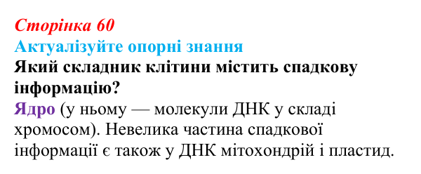 Відповідь до актуалізації знань (с. 60) з біології для 9 класу, Андерсон 2026: § 13 Ядро: будова та функції