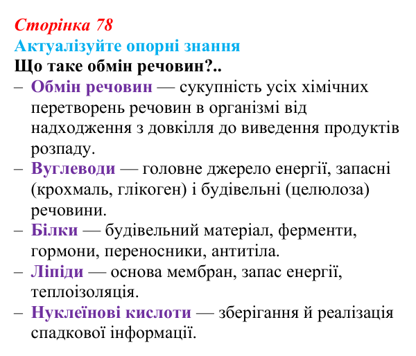 Відповідь до актуалізації знань (с. 78) з біології для 9 класу, Андерсон 2026: § 19 Загальні принципи перетворення речовин...