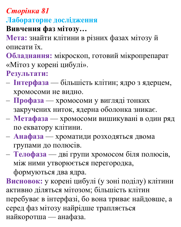 Відповідь до лабораторного дослідження (с. 81) з біології для 9 класу, Андерсон 2026: § 20 Клітинний цикл. Мітоз