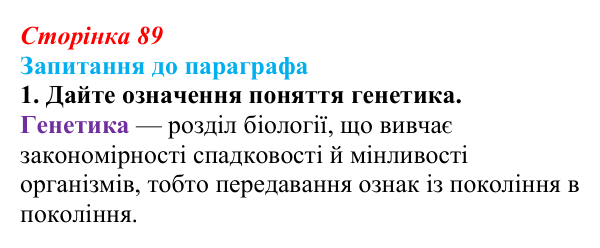 Відповідь до завдання 1 (с. 89) з біології для 9 класу, Андерсон 2026: § 22 Генетика як наука