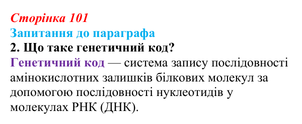 Відповідь до завдання 2 (с. 101) з біології для 9 класу, Андерсон 2026: § 26 Реалізація спадкової інформації: синтез...