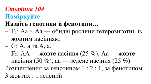 Відповідь до запитання «Поміркуйте» (с. 104) з біології для 9 класу, Андерсон 2026: § 27 Гібридологічний метод...