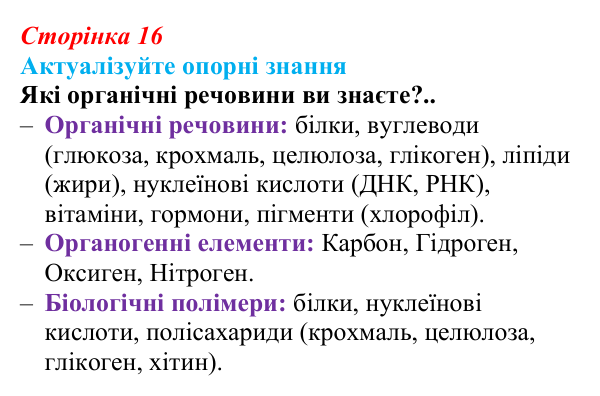 Відповідь до актуалізації знань (с. 16) з біології для 9 класу, Андерсон 2026: § 3 Органічні молекули. Біологічні...