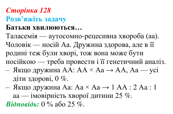 Відповідь до задачі (с. 128) з біології для 9 класу, Андерсон 2026: § 34 Медико-генетичне консультування