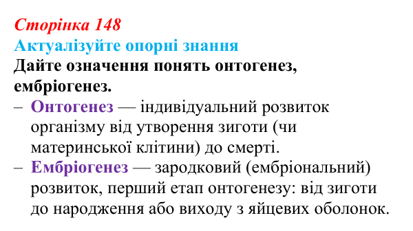 Відповідь до актуалізації знань (с. 148) з біології для 9 класу, Андерсон 2026: § 39 Ембріогенез хордових тварин та його...