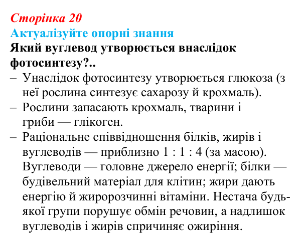 Відповідь до актуалізації знань (с. 20) з біології для 9 класу, Андерсон 2026: § 4 Вуглеводи та ліпіди