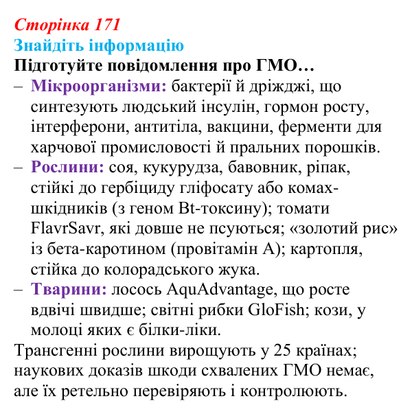 Відповідь до завдання на пошук інформації (с. 171) з біології для 9 класу, Андерсон 2026: § 44 Генетична інженерія...