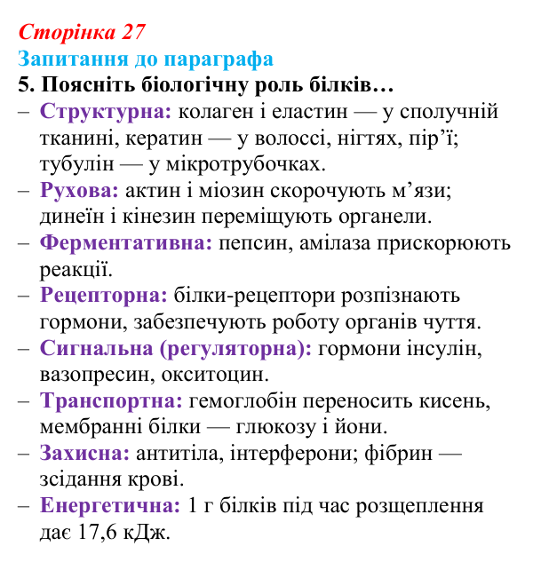 Відповідь до завдання 5 (с. 27) з біології для 9 класу, Андерсон 2026: § 5 Білки: структурна організація та функції