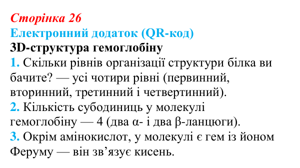 Відповідь до вправи за QR-кодом (с. 26) з біології для 9 класу, Андерсон 2026: § 5 Білки: структурна організація та функції