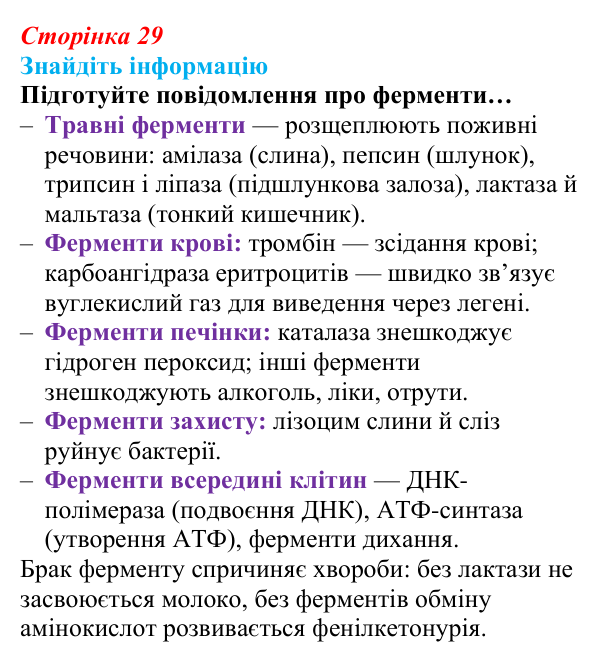 Відповідь до завдання на пошук інформації (с. 29) з біології для 9 класу, Андерсон 2026: § 6 Ферменти, їх біологічна роль