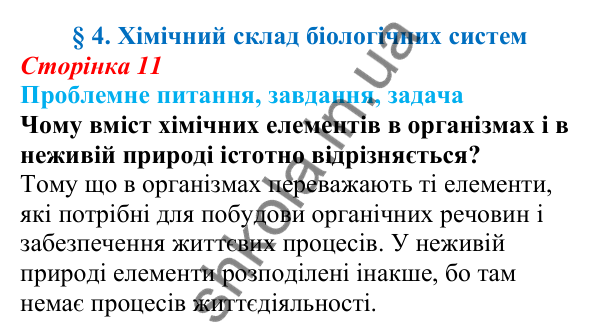 Відповідь на проблемне питання § 4 (с. 11) з біології для 9 класу (Балан, 2026): Хімічний склад біологічних систем