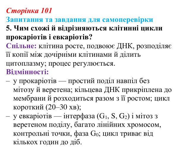 Відповідь до завдання 5 (с. 101) з біології для 9 класу, Горобець 2026: клітинна теорія, клітинний цикл