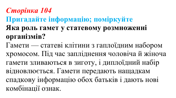Відповідь до запитання «Поміркуйте» (с. 104) з біології для 9 класу, Горобець 2026: процеси мейозу