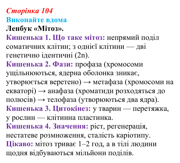 Відповідь до домашнього завдання (с. 104) з біології для 9 класу, Горобець 2026: процеси мітозу