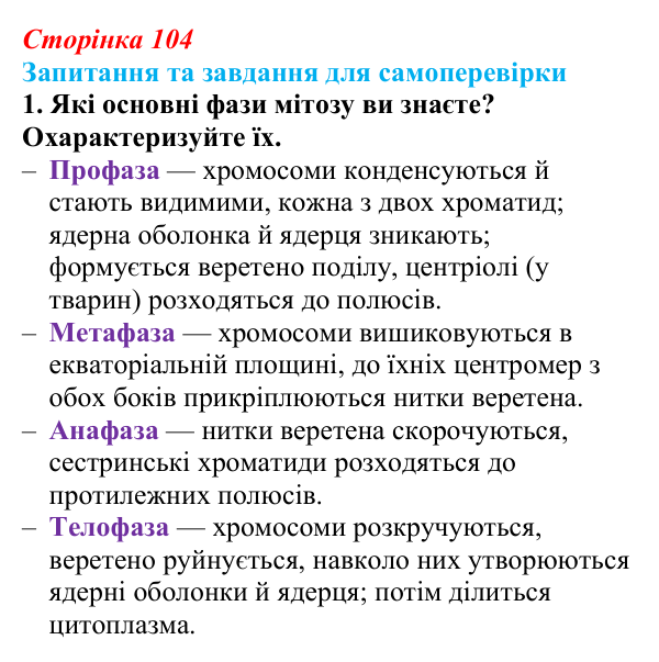 Відповідь до завдання 1 (с. 104) з біології для 9 класу, Горобець 2026: процеси мітозу