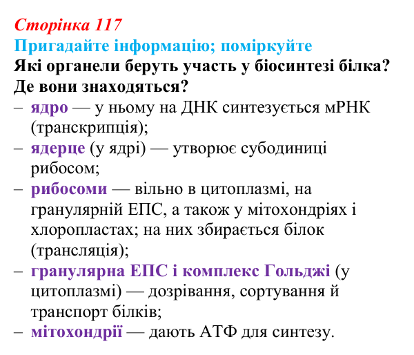 Відповідь до запитання «Поміркуйте» (с. 117) з біології для 9 класу, Горобець 2026: генетичний код, біосинтез білка