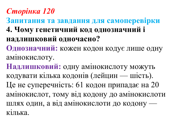 Відповідь до завдання 4 (с. 120) з біології для 9 класу, Горобець 2026: генетичний код, біосинтез білка