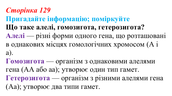 Відповідь до запитання «Поміркуйте» (с. 129) з біології для 9 класу, Горобець 2026: закони Менделя, моно- та дигібридне...