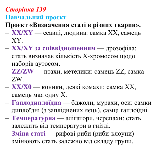Відповідь до навчального проєкту (с. 139) з біології для 9 класу, Горобець 2026: генетика статі, успадкування, зчеплене зі...