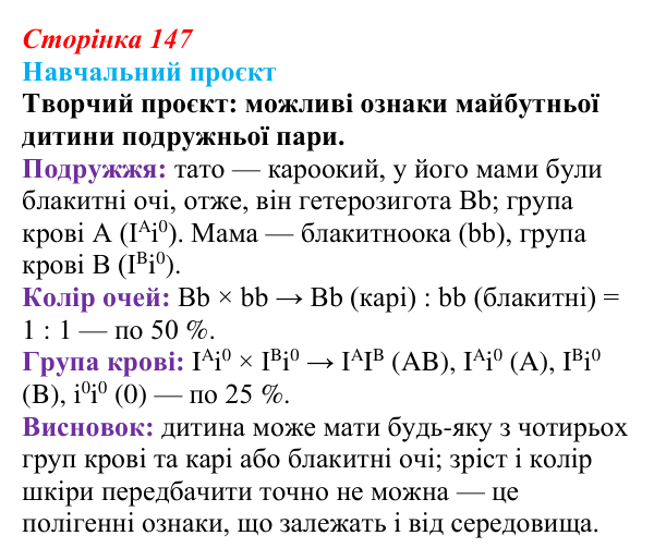 Відповідь до навчального проєкту (с. 147) з біології для 9 класу, Горобець 2026: моногенні й полігенні ознаки...