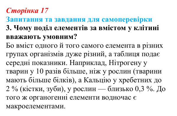 Відповідь до завдання 3 (с. 17) з біології для 9 класу, Горобець 2026: класифікація хімічних елементів