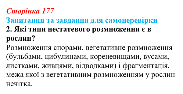 Відповідь до завдання 2 (с. 177) з біології для 9 класу, Горобець 2026: форми нестатевого розмноження