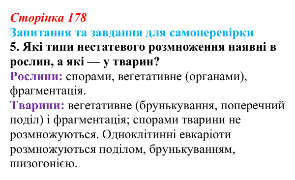 Відповідь до завдання 5 (с. 178) з біології для 9 класу, Горобець 2026: форми нестатевого розмноження