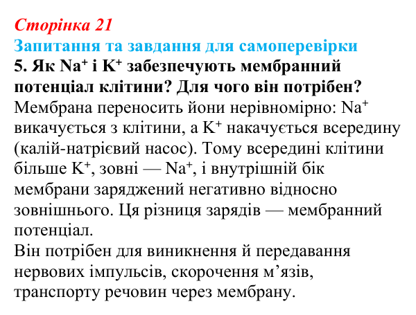 Відповідь до завдання 5 (с. 21) з біології для 9 класу, Горобець 2026: неорганічні сполуки клітини