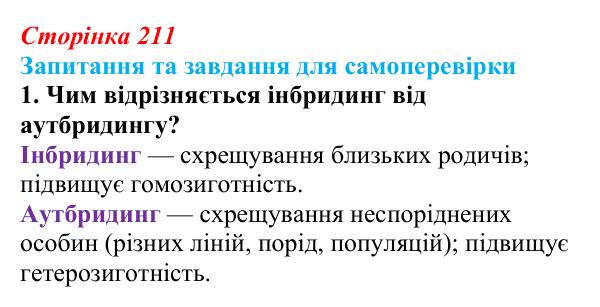 Відповідь до завдання 1 (с. 211) з біології для 9 класу, Горобець 2026: інбридинг, аутбридинг, міжвидова гібридизація