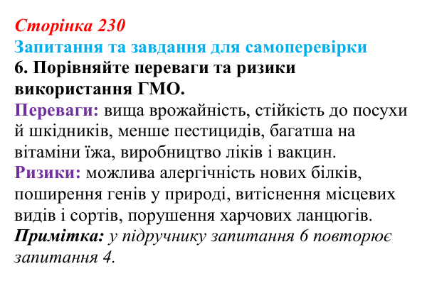 Відповідь до завдання 6 (с. 230) з біології для 9 класу, Горобець 2026: генетично модифіковані організми, клонування