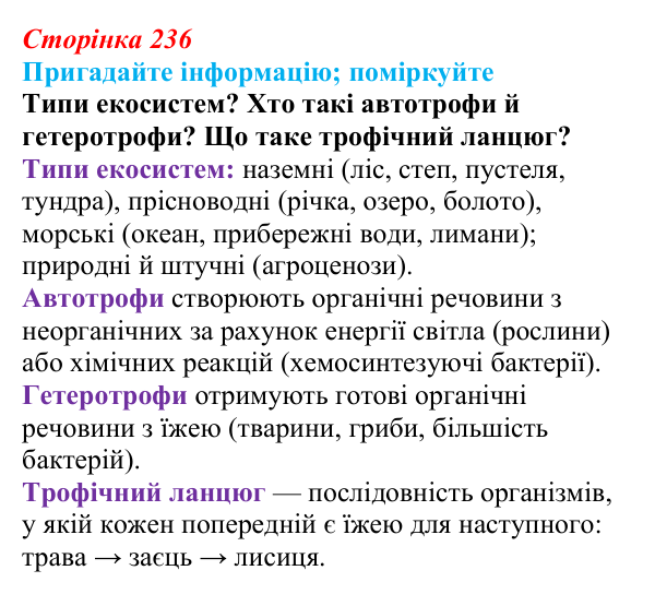 Відповідь до запитання «Поміркуйте» (с. 236) з біології для 9 класу, Горобець 2026: структура екосистем, зв’язки між...