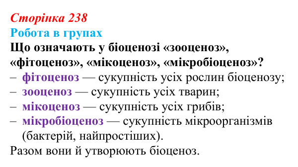 Відповідь до роботи в групах (с. 238) з біології для 9 класу, Горобець 2026: структура екосистем, зв’язки між організмами