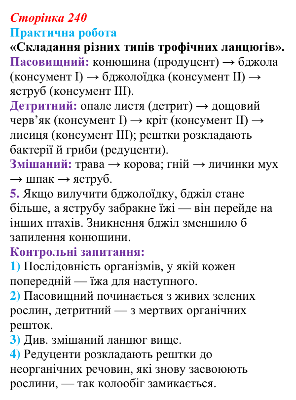 Відповідь до практичної роботи (с. 240) з біології для 9 класу, Горобець 2026: структура екосистем, зв’язки між організмами