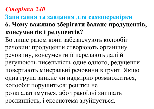 Відповідь до завдання 6 (с. 240) з біології для 9 класу, Горобець 2026: структура екосистем, зв’язки між організмами
