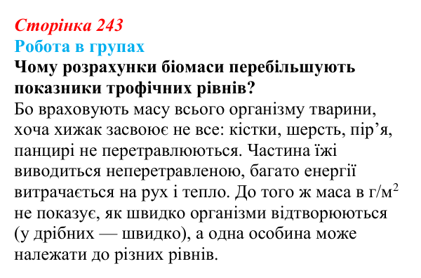 Відповідь до роботи в групах (с. 243) з біології для 9 класу, Горобець 2026: потоки енергії, екологічні піраміди, колообіг...