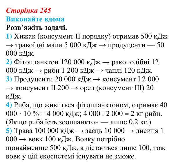 Відповідь до домашнього завдання (с. 245) з біології для 9 класу, Горобець 2026: потоки енергії, екологічні піраміди...