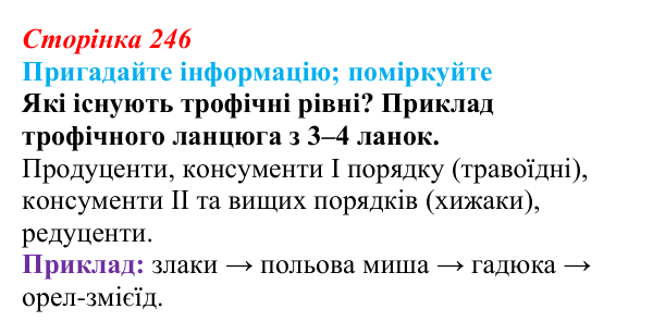 Відповідь до запитання «Поміркуйте» (с. 246) з біології для 9 класу, Горобець 2026: трофічні ланцюги та сітки...