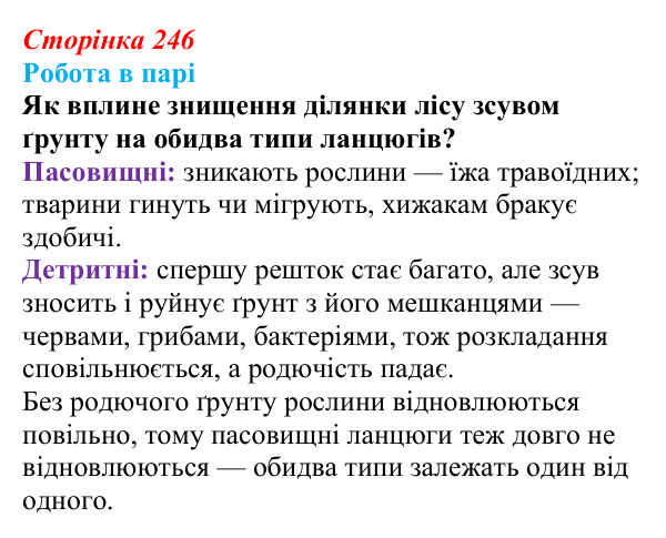 Відповідь до роботи в парі (с. 246) з біології для 9 класу, Горобець 2026: трофічні ланцюги та сітки, стабільність екосистем