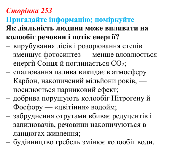 Відповідь до запитання «Поміркуйте» (с. 253) з біології для 9 класу, Горобець 2026: антропогенний вплив на біосферу, види...