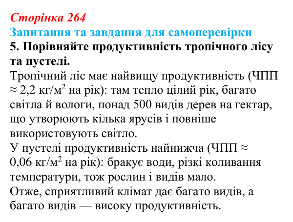 Відповідь до завдання 5 (с. 264) з біології для 9 класу, Горобець 2026: збереження біорізноманіття, продуктивність екосистем
