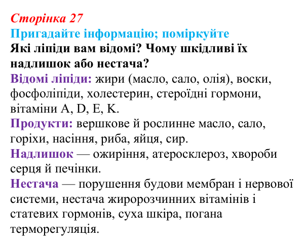 Відповідь до запитання «Поміркуйте» (с. 27) з біології для 9 класу, Горобець 2026: вуглеводи та ліпіди