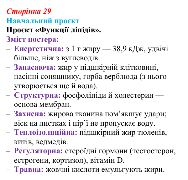Відповідь до навчального проєкту (с. 29) з біології для 9 класу, Горобець 2026: вуглеводи та ліпіди