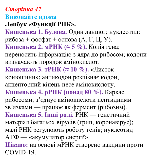 Відповідь до домашнього завдання (с. 47) з біології для 9 класу, Горобець 2026: будова й типи РНК, АТФ
