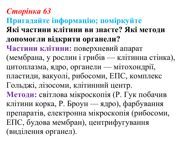 Відповідь до запитання «Поміркуйте» (с. 63) з біології для 9 класу, Горобець 2026: методи дослідження клітин, типи...