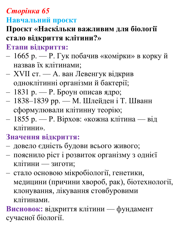 Відповідь до навчального проєкту (с. 65) з біології для 9 класу, Горобець 2026: методи дослідження клітин, типи мікроскопії