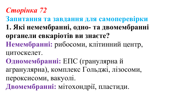 Відповідь до завдання 1 (с. 72) з біології для 9 класу, Горобець 2026: структура евкаріотичної клітини, ядро