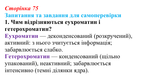 Відповідь до завдання 1 (с. 75) з біології для 9 класу, Горобець 2026: хромосоми, каріотип