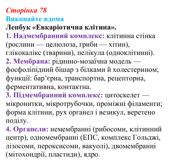 Відповідь до домашнього завдання (с. 78) з біології для 9 класу, Горобець 2026: надмембранні та підмембранні комплекси...