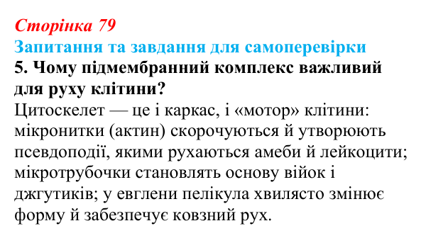 Відповідь до завдання 5 (с. 79) з біології для 9 класу, Горобець 2026: надмембранні та підмембранні комплекси клітини